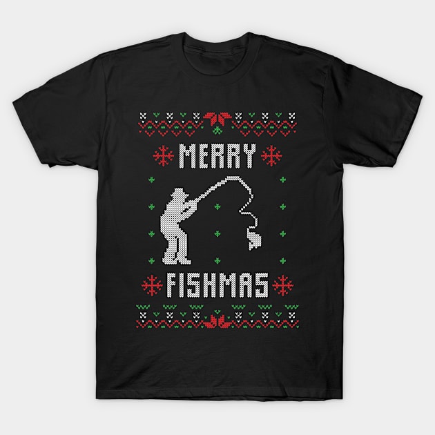 Ugly Christmas Sweater Funny Merry Fishmas T-Shirt by Designerabhijit